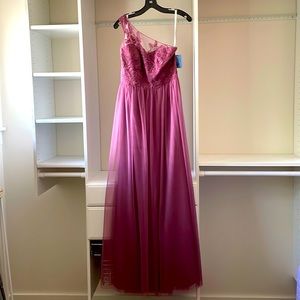 One shoulder embroidered soft net bridesmaid dress, color chianti